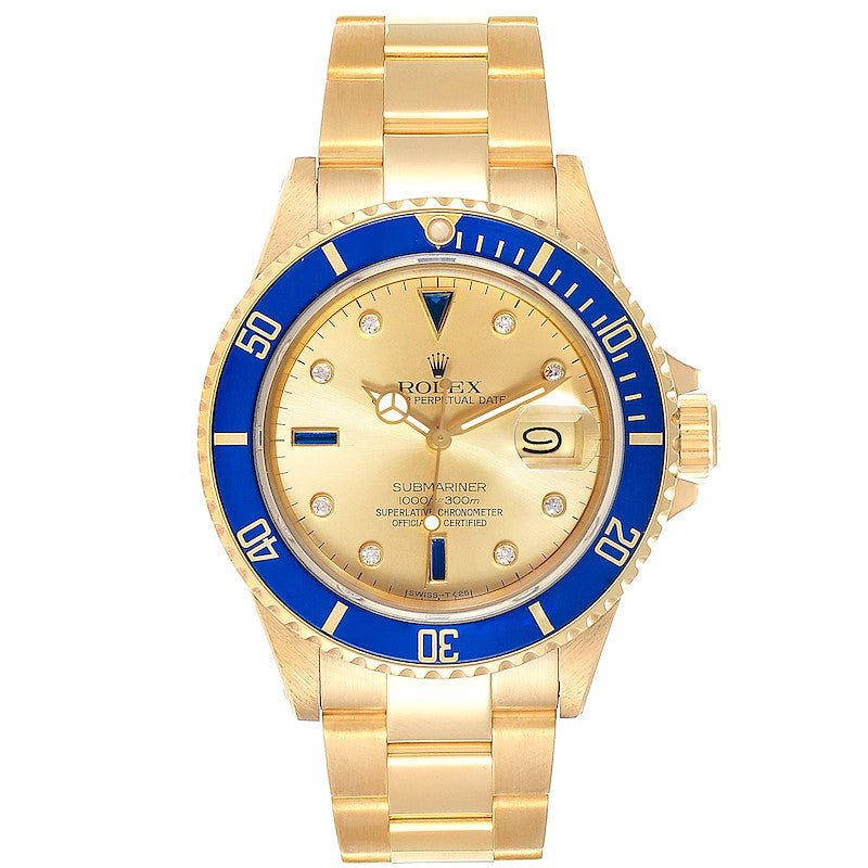16808.jpg Rolex Submariner 16808 – 18K Yellow Gold – Diamond & Sapphire Serti Dial – Blue Bezel - Image 1