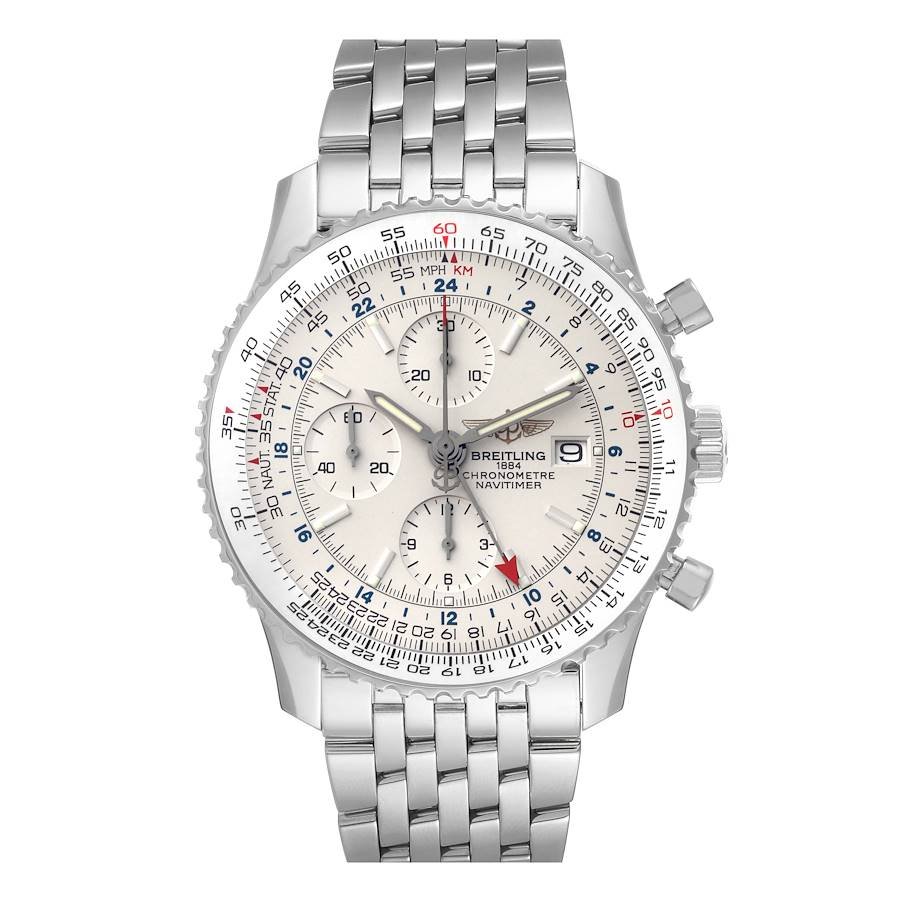 Pre-Owned-Breitling-Navitimer-World-GMT-A24322-Silver-Dial-Steel-Mens-Watch-JD-Watches-NY.jpg Breitling Navitimer World GMT A24322 Silver Dial Steel Mens Watch - Image 1