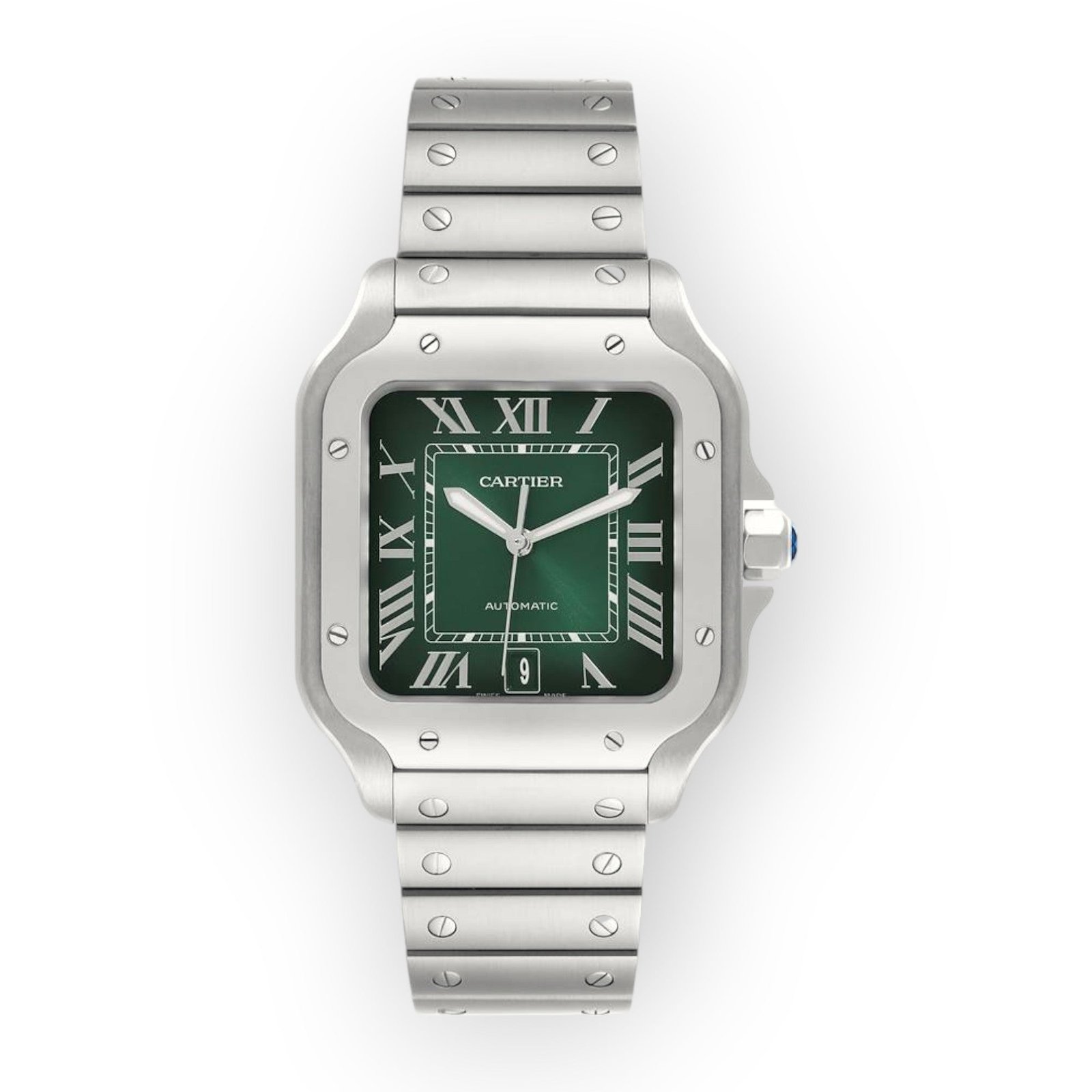 Pre-Owned-Cartier-Santos-Large-Green-Dial-Steel-Mens-Watch-WSSA0062-JD-Watches-NY.jpg Cartier Santos Large Green Dial Steel Mens Watch WSSA0062 - Image 1