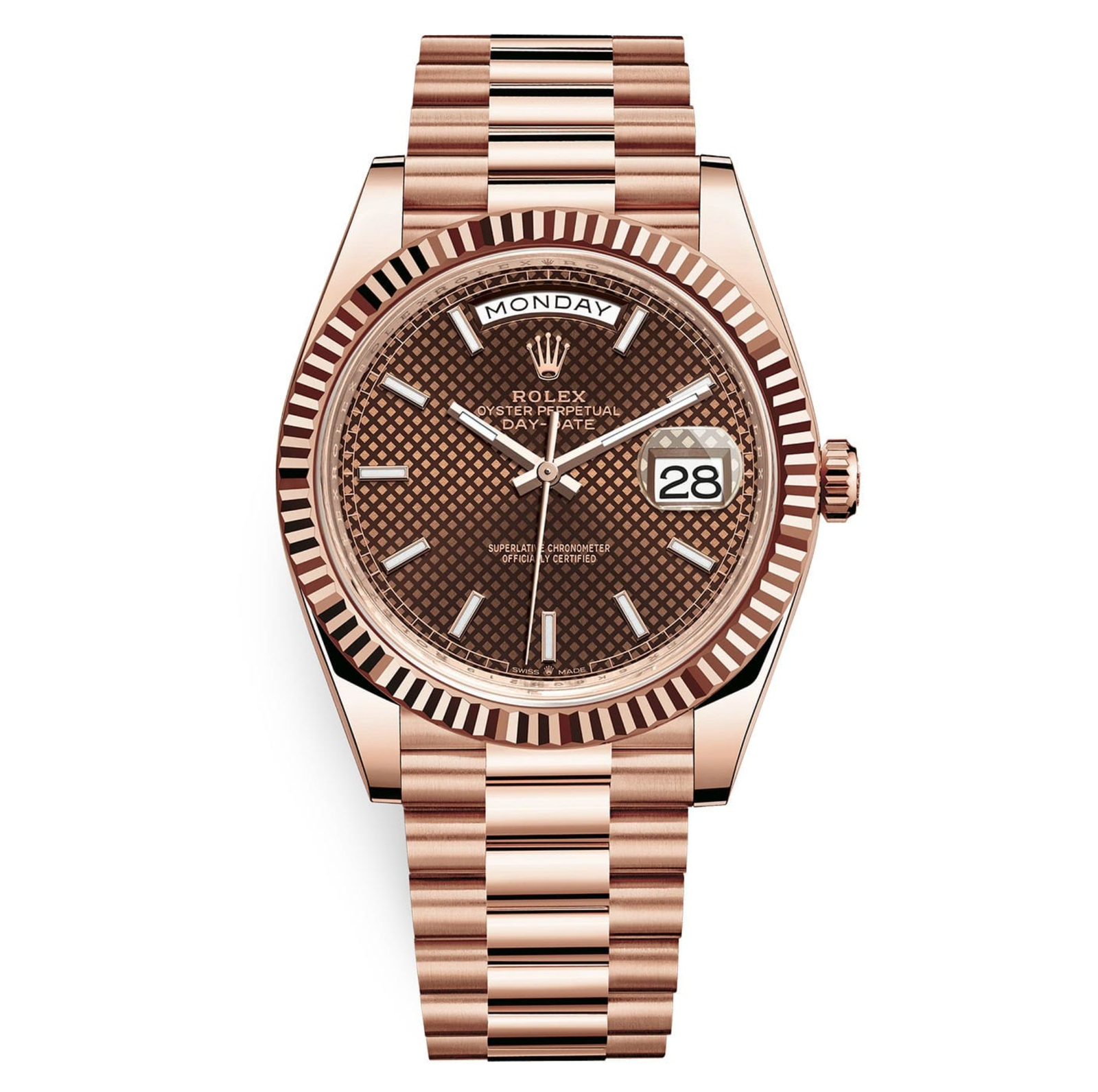 Pre-Owned-Rolex-Day-Date-40-Chocolate-Diagonal-Motif-Dial-Fluted-Bezel-18K-Everose-Gold-President-228235-JD-Watches-NY.png Rolex Day-Date 40 Chocolate Diagonal Motif Dial & Fluted Bezel 18K Everose Gold President 228235 - Image 1