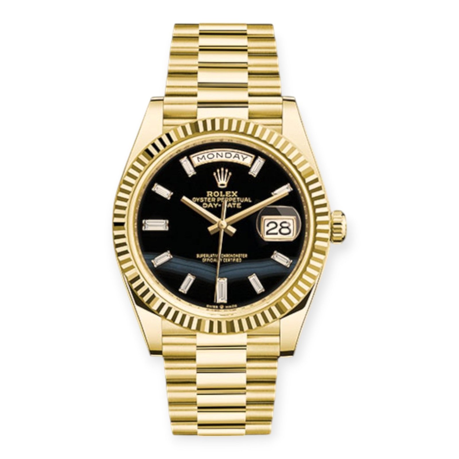Pre-Owned-Rolex-Day-Date-40-Yellow-Gold-Black-Onyx-Diamond-Dial-with-President-Bracelet-JD-Watches-NY.jpg Rolex Day Date 40 Yellow Gold Black Onyx Diamond Dial with President Bracelet - Image 1