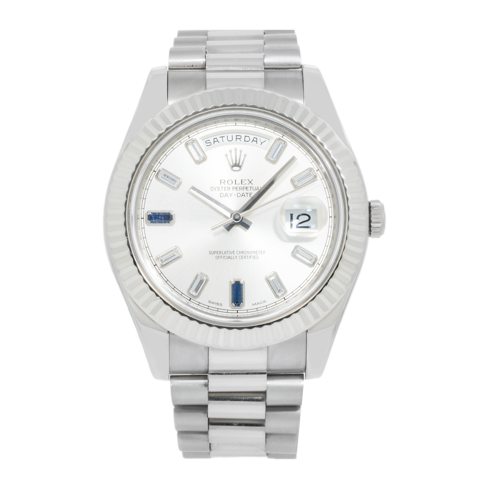 Pre-Owned-Rolex-Day-Date-II-White-Gold-Silver-Dial-with-Blue-Sapphire-Baguette-Markers-Ref_-218239-JD-Watches-NY.png Rolex Day-Date II – White Gold Silver Dial with Blue Sapphire & Baguette Markers Ref. 218239 - Image 1