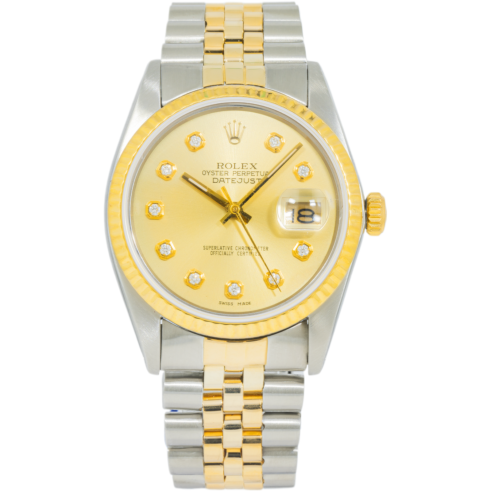 Pre-Owned-Rolex-Mens-Datejust-16013-Champagne-Diamond-Dial-Stainless-Steel-18k-Yellow-Gold-36mm-Between-1977-1988-JD-Watches-NY.png Rolex Men's Datejust 16013 Champagne Diamond Dial – Stainless Steel & 18k Yellow Gold – 36mm (Between 1977 & 1988) - Image 1