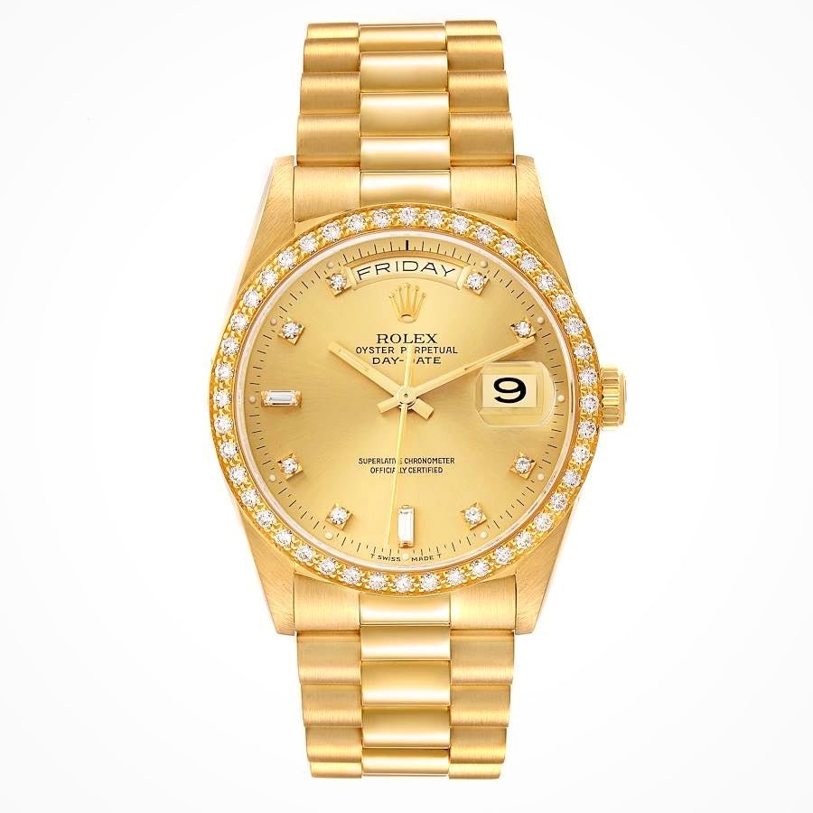 Pre-Owned-Rolex-President-Day-Date-36-Yellow-Gold-Champagne-Dial-with-Diamond-Bezel-Markers-JD-Watches-NY.jpg Rolex President Day-Date 36 – Yellow Gold Champagne Dial with Diamond Bezel & Markers - Image 1