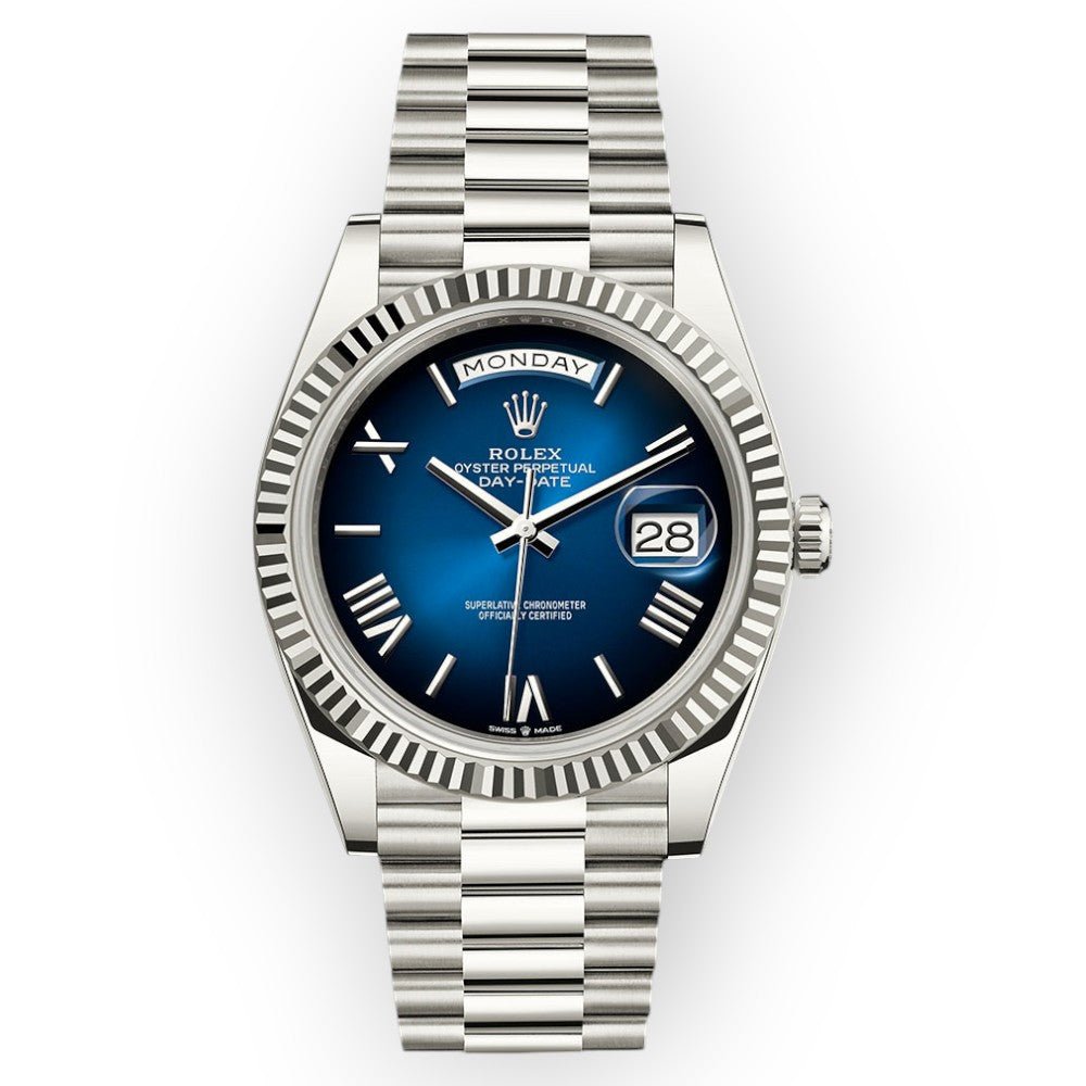 Pre-Owned-Rolex-White-Gold-Day-Date-40-Watch-Blue-Ombre-Roman-Dial-President-Bracelet-JD-Watches-NY.jpg Rolex White Gold Day-Date 40 Watch Blue Ombré Roman Dial - President Bracelet - Image 1