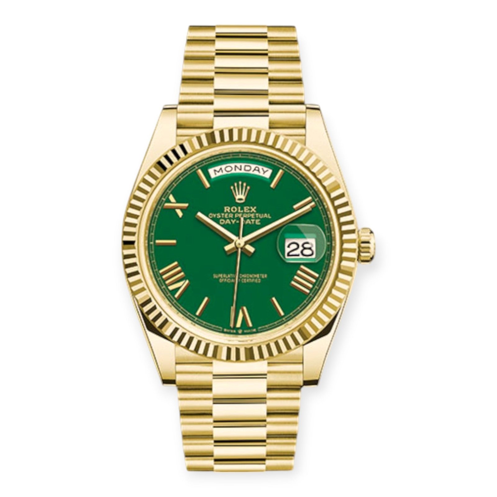 Pre-Owned-Rolex-Yellow-Gold-Day-Date-40-Watch-Green-Roman-Dial-President-Bracelet-JD-Watches-NY.jpg Rolex Day-Date 40 President 228238 – Green Roman Dial | 18K Yellow Gold - Image 1